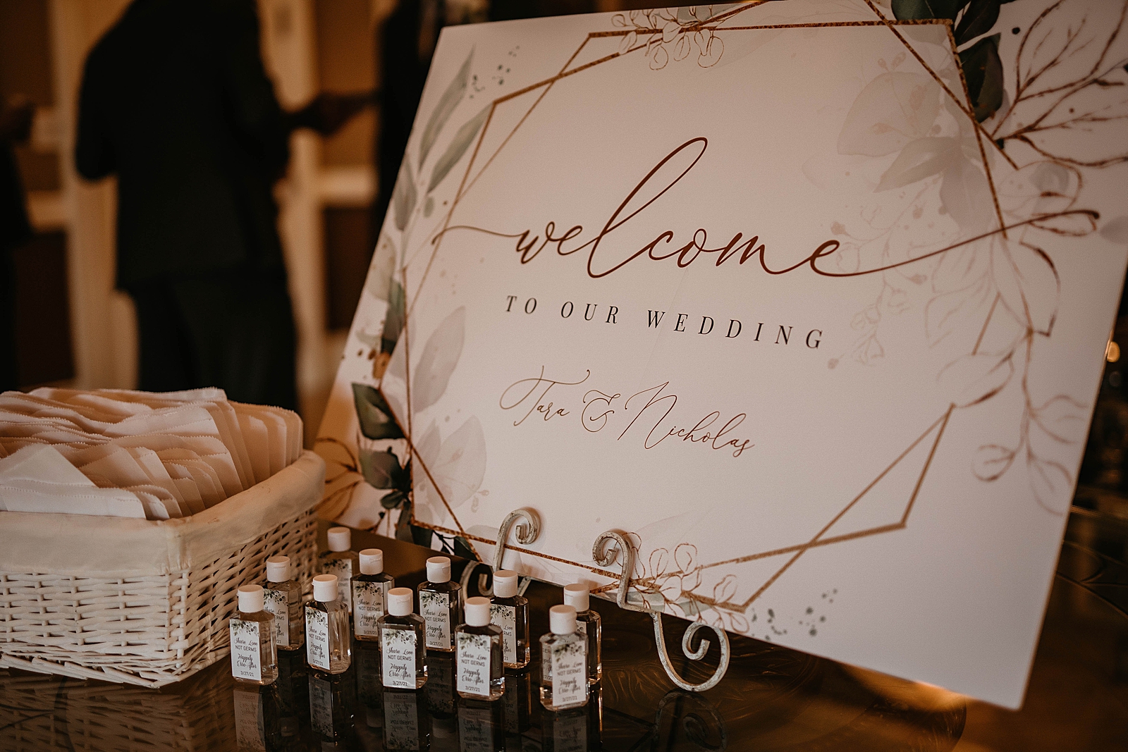 Detail shot of hand sanitizer table