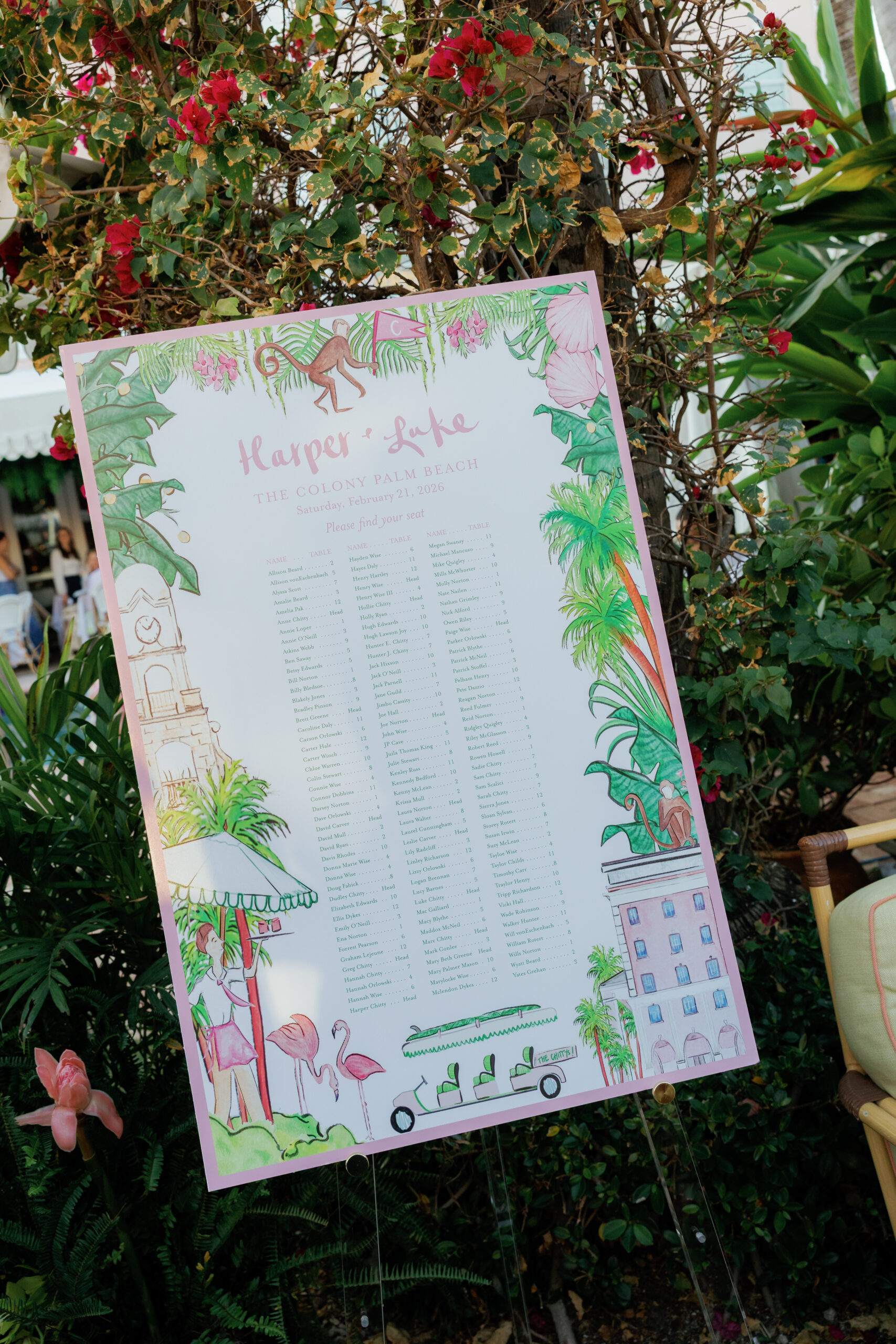 Harper and Luke wedding at The Colony Palm Beach - reception - A wedding seating chart for Harper and Luke's wedding, featuring flamingos and t