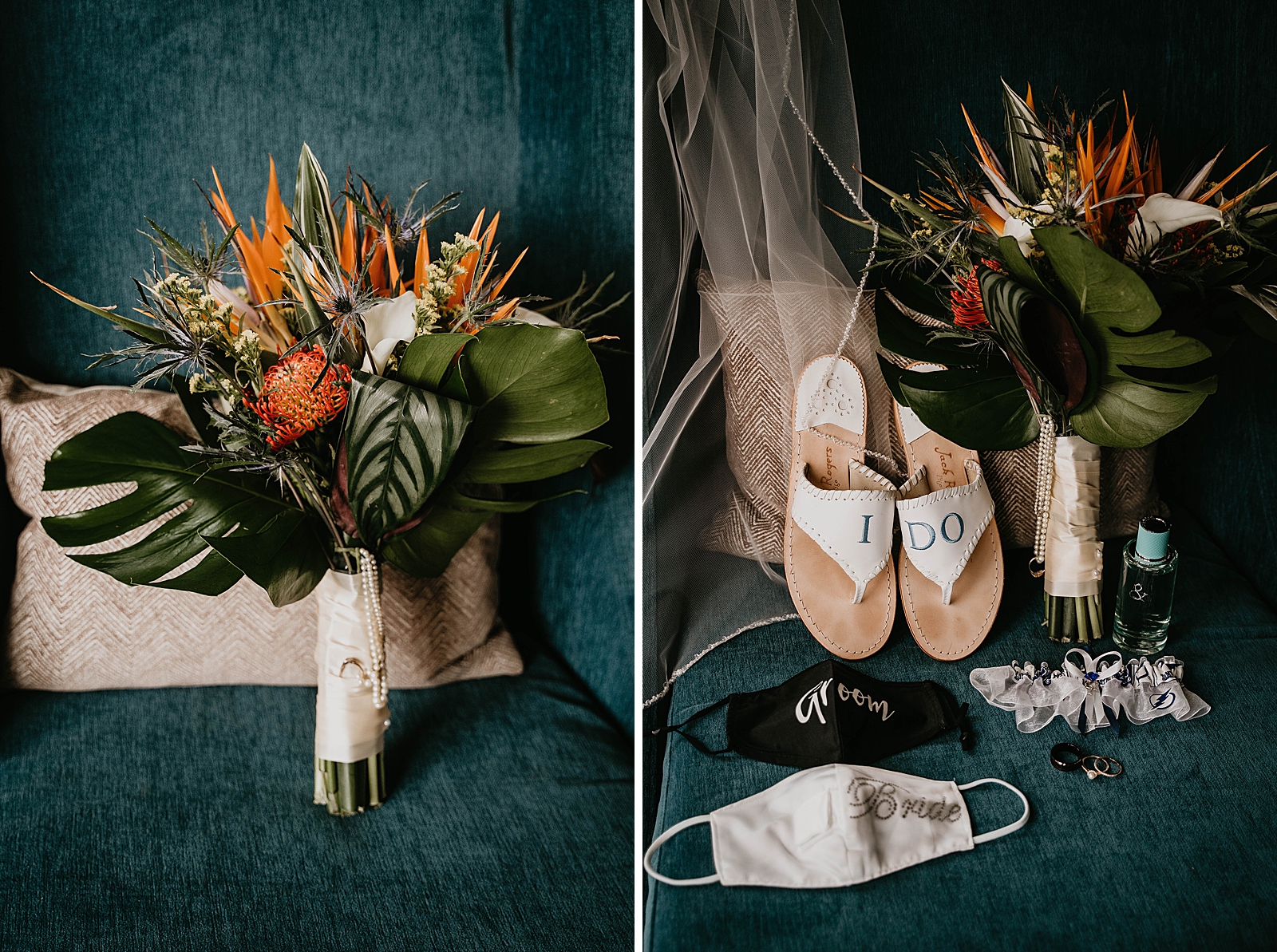 Wedding detail shot of tropical bouquet and masks staying safe wedding Jupiter Lighthouse Wedding Photography captured by South Florida Wedding Photographer Krystal Capone Photography