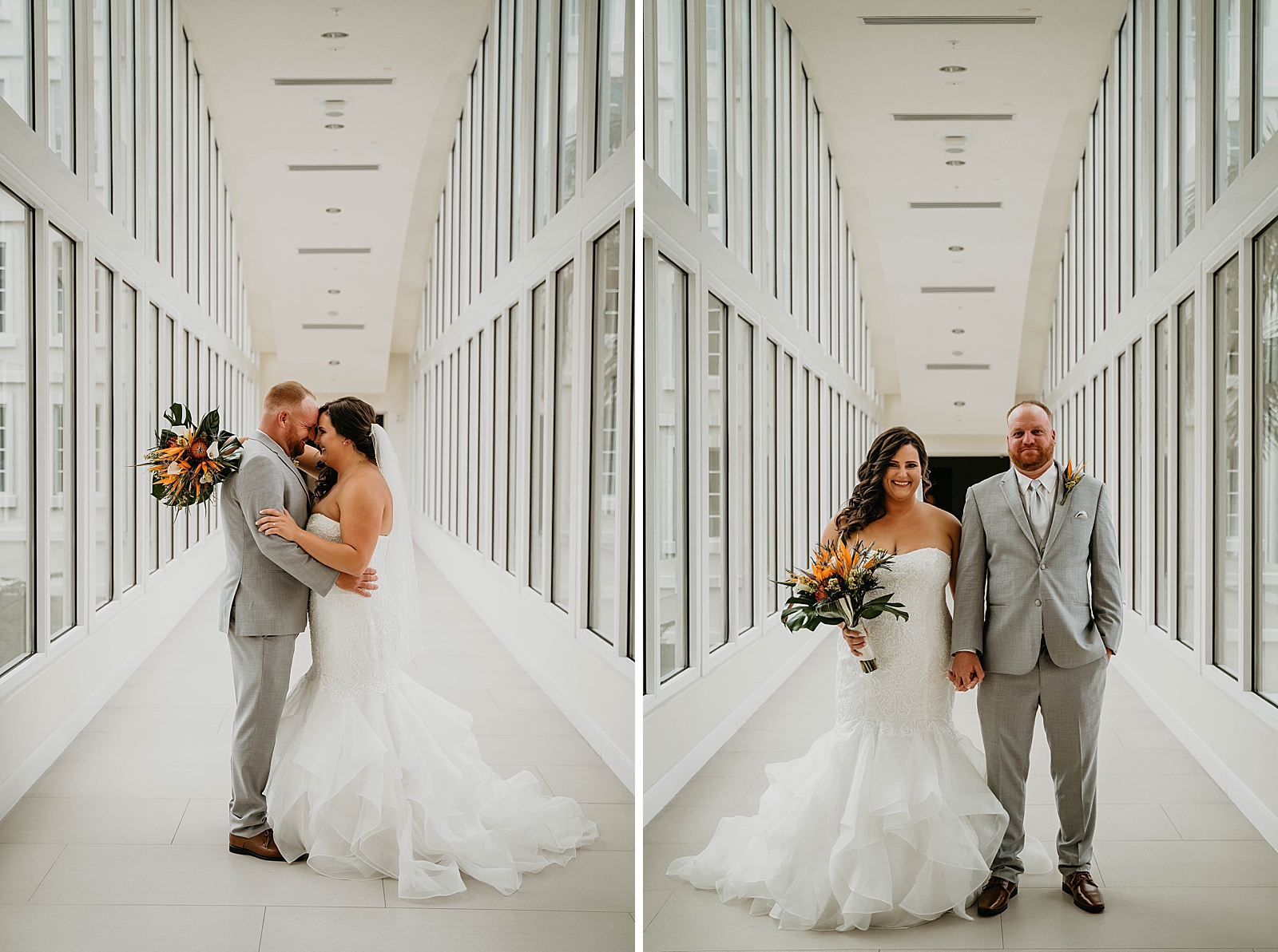 Bride and Groom holding each other with colorful bouquet Jupiter Lighthouse Wedding Photography captured by South Florida Wedding Photographer Krystal Capone Photography