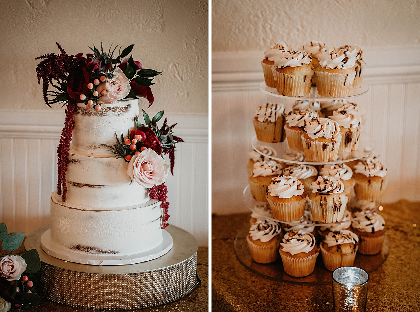 Detail shot of wedding cake with pink roses and red floral decorations Out of the Blue Celebrations Wedding Photography captured by South Florida Wedding Photographer Krystal Capone Photography 