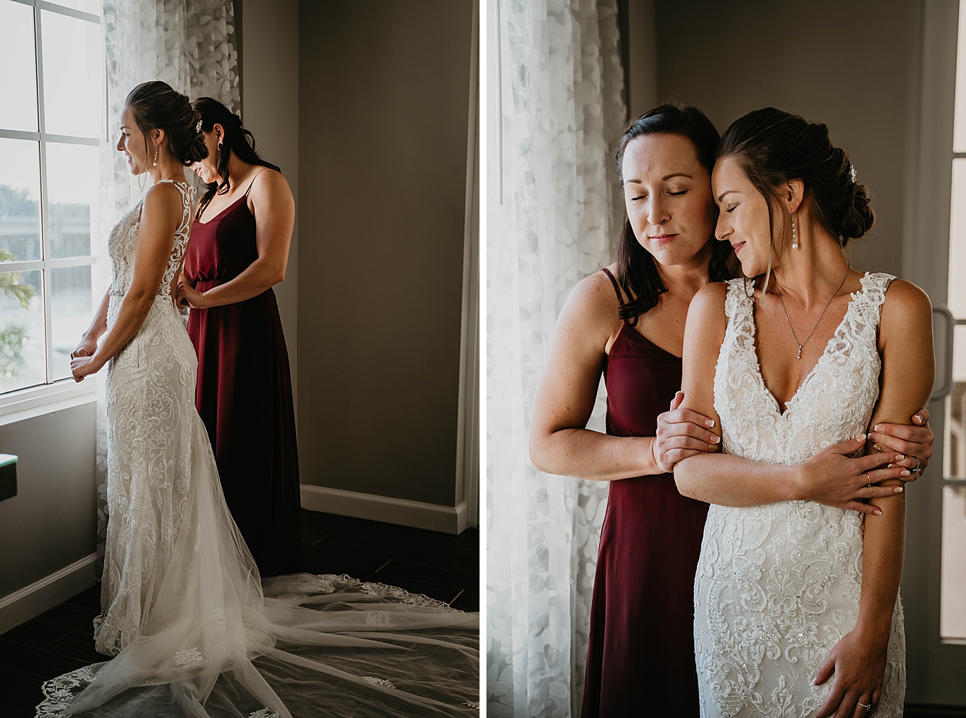 Bride getting ready with help by window Out of the Blue Celebrations Wedding Photography captured by South Florida Wedding Photographer Krystal Capone Photography 