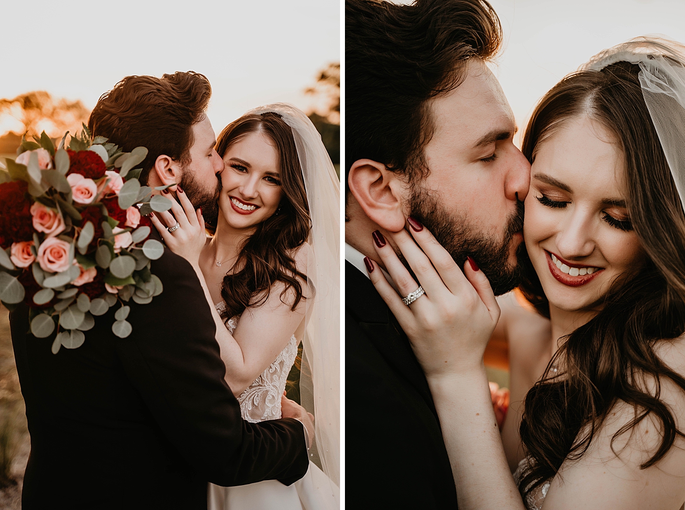 Groom kissing Bride on the Cheeck as the sun sets Breakers West Wedding Photography captured by South Florida Wedding Photographer Krystal Capone Photography 