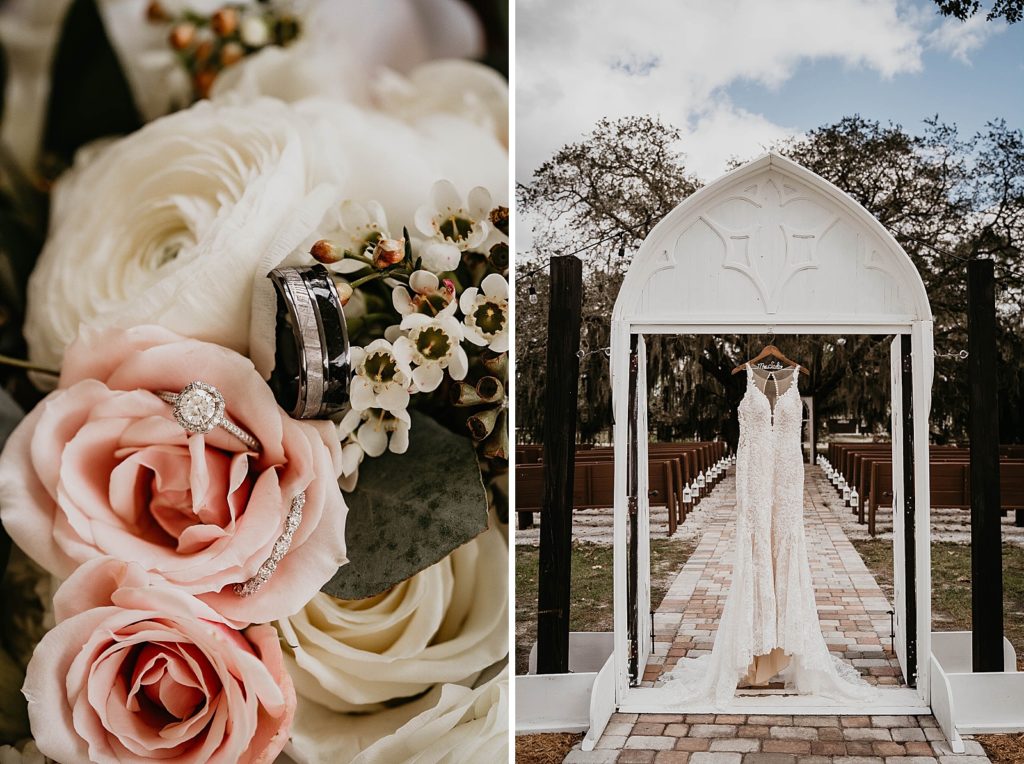 Wedding bands and engagement rings in flower bouquet Ever After Farms Wedding Photography captured by South Florida Wedding Photographer Krystal Capone Photography 