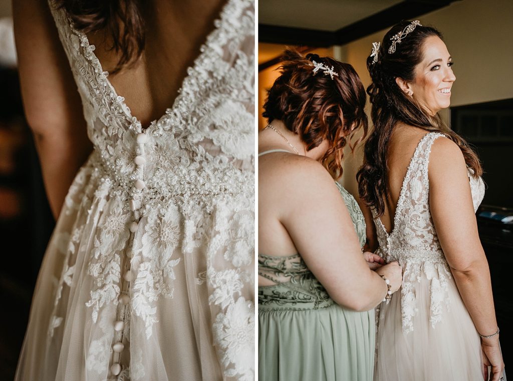 Bride getting ready getting help putting on wedding dress Jupiter Beach Resort Wedding Photography captured by South Florida Wedding Photographer Krystal Capone Photography 