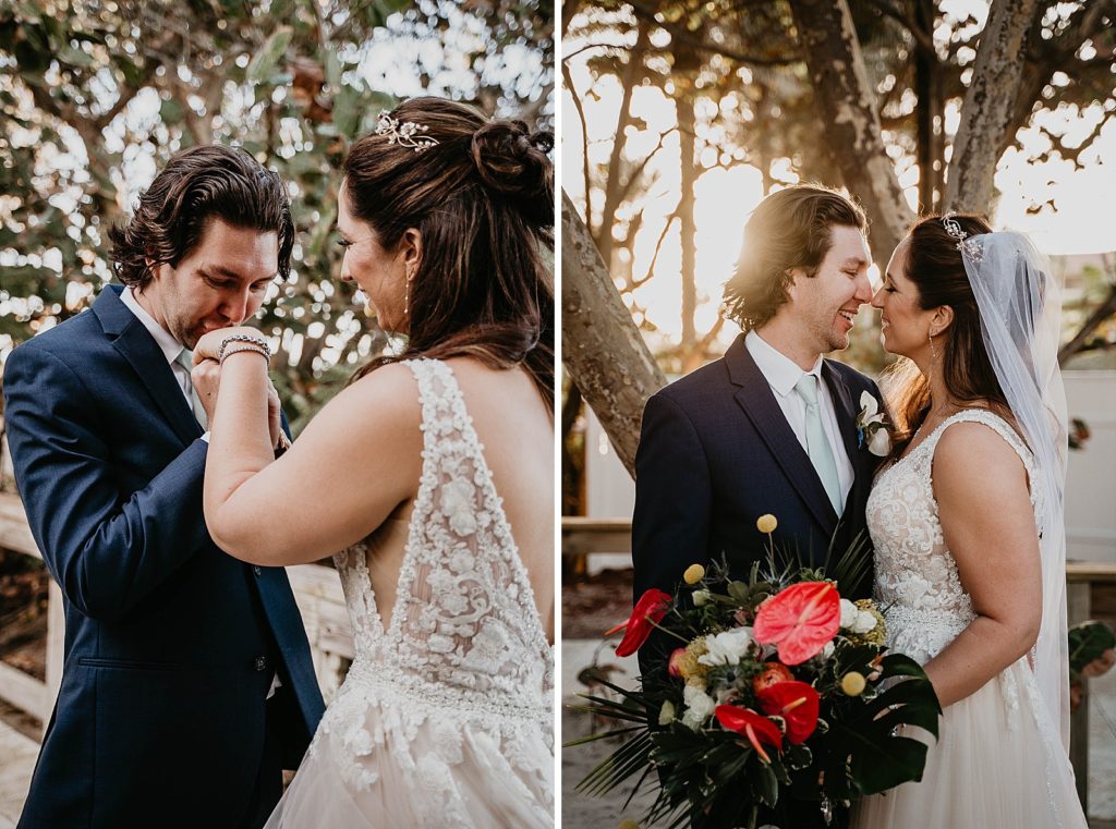 Bride and Groom reaction to first look and Groom kissing Bride's hand Jupiter Beach Resort Wedding Photography captured by South Florida Wedding Photographer Krystal Capone Photography 