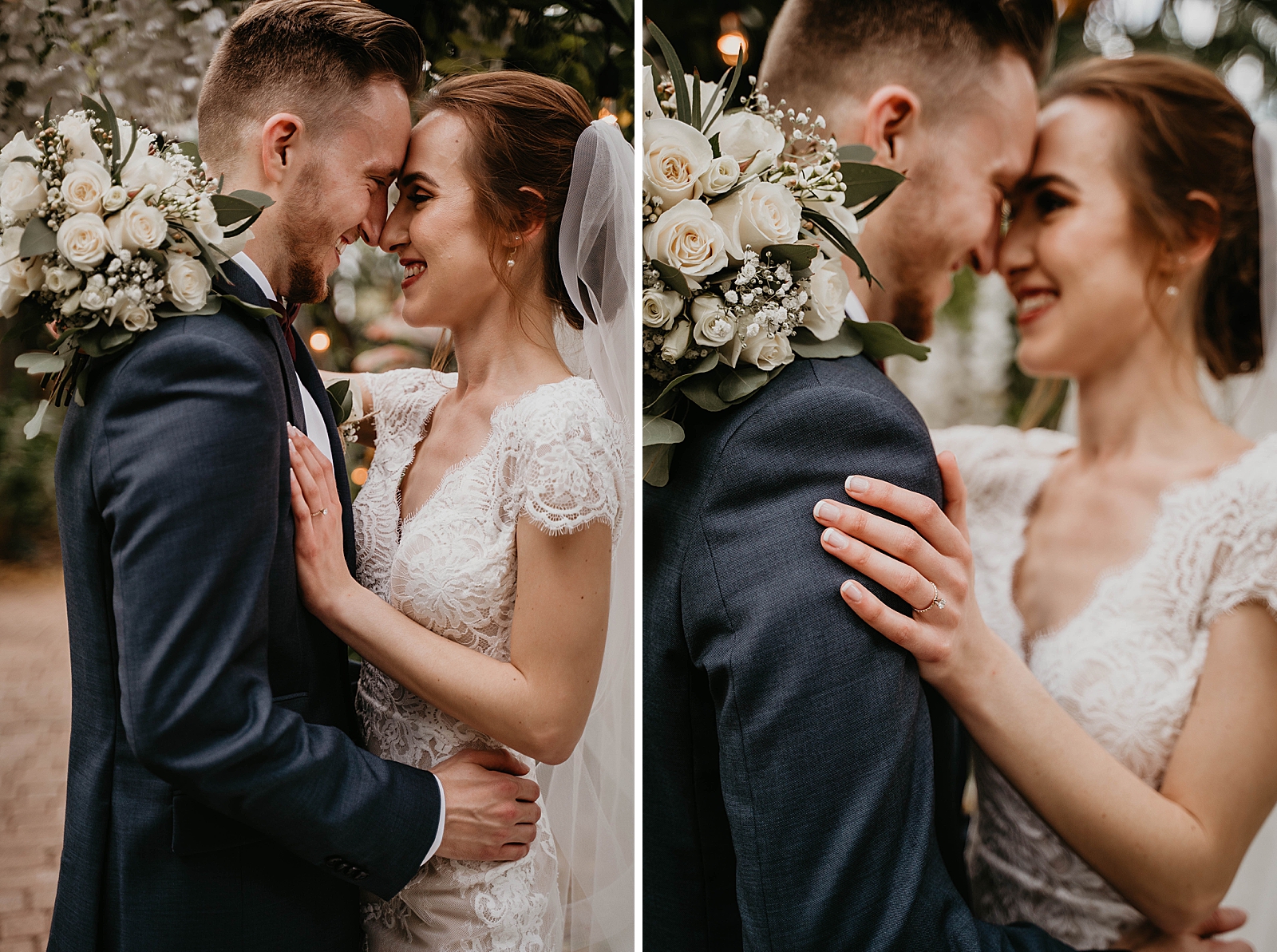 Bride holding each other close touching noses with white bouquet Living Sculptures Sanctuary Wedding Photography captured by South Florida Wedding Photographer Krystal Capone Photography 
