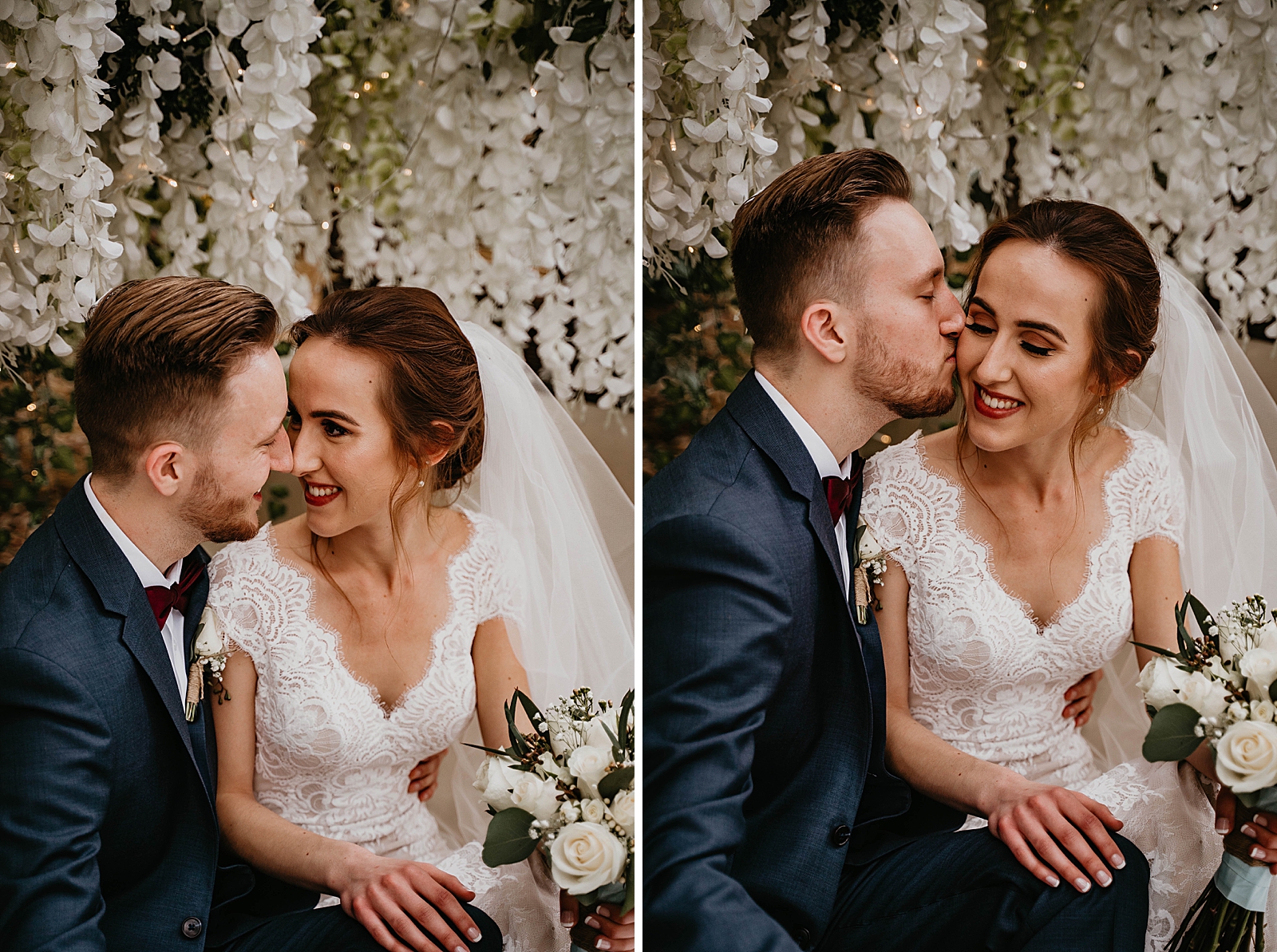 Couple sitting together touching noses and Groom kissing Bride on the cheek Living Sculptures Sanctuary Wedding Photography captured by South Florida Wedding Photographer Krystal Capone Photography 