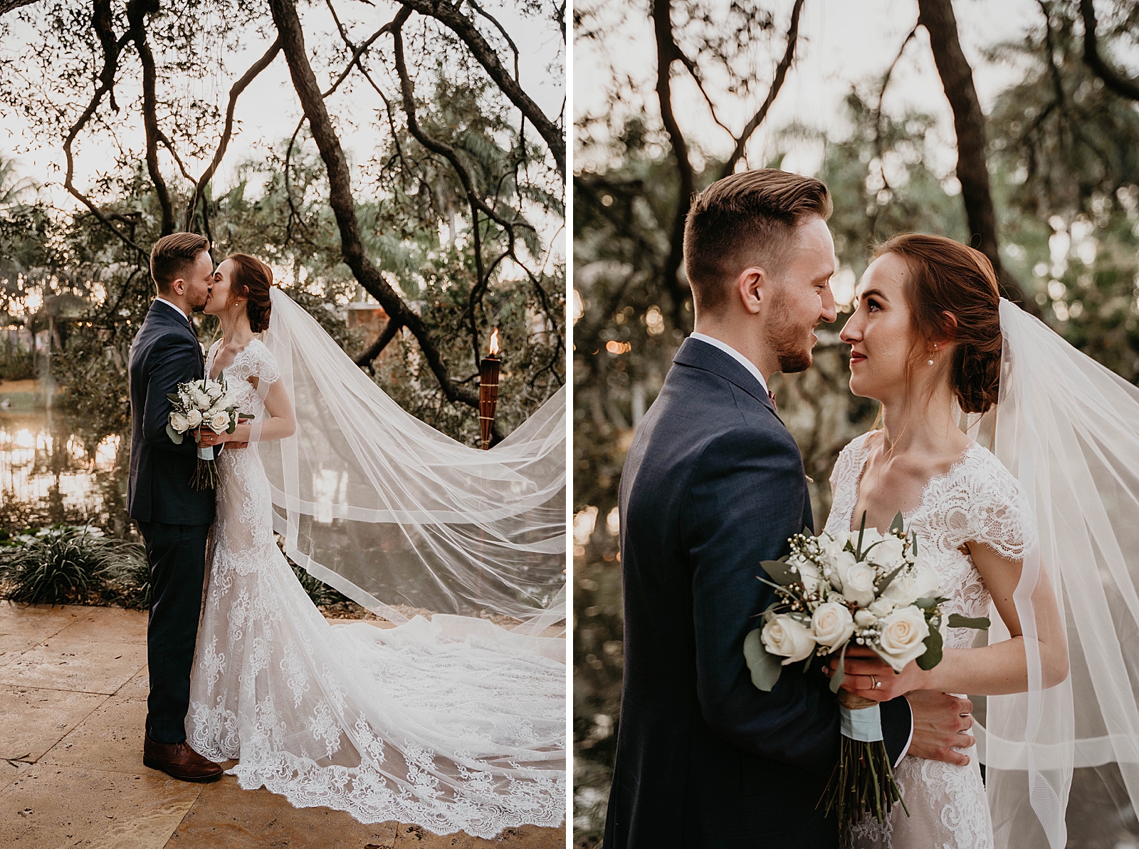 Bride and Groom kissing and looking into each others eyes with white bouquet Living Sculptures Sanctuary Wedding Photography captured by South Florida Wedding Photographer Krystal Capone Photography 