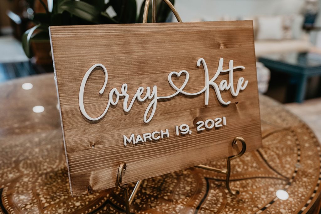 Detail shot of Wedding sign with Bride and Groom's first names and wedding date Pelican Club Wedding Photography captured by South Florida Wedding Photographer Krystal Capone Photography 