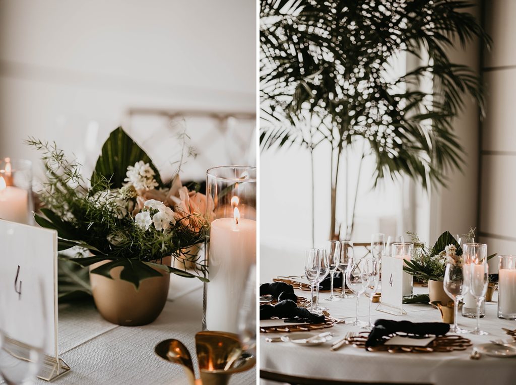 Reception detail shot of set tables and floral centerpieces Pelican Club Wedding Photography captured by South Florida Wedding Photographer Krystal Capone Photography 