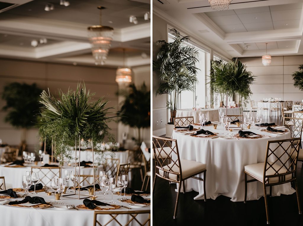Detail shots of Reception tables with greenery centerpiece Pelican Club Wedding Photography captured by South Florida Wedding Photographer Krystal Capone Photography 