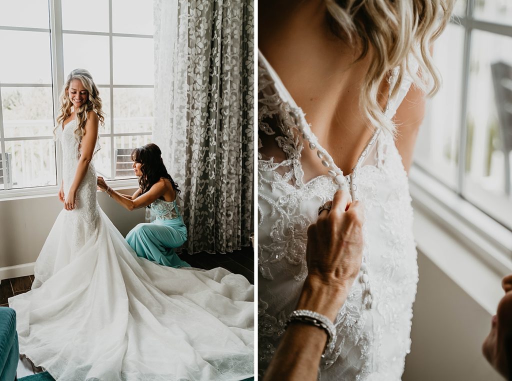 Bride Getting Ready putting dress on Pelican Club Wedding Photography captured by South Florida Wedding Photographer Krystal Capone Photography