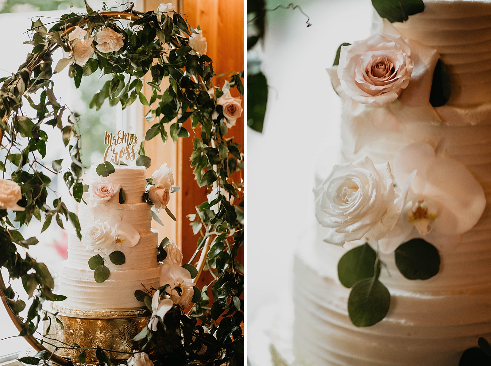 Detail shot of Wedding cake with cursive last name topper