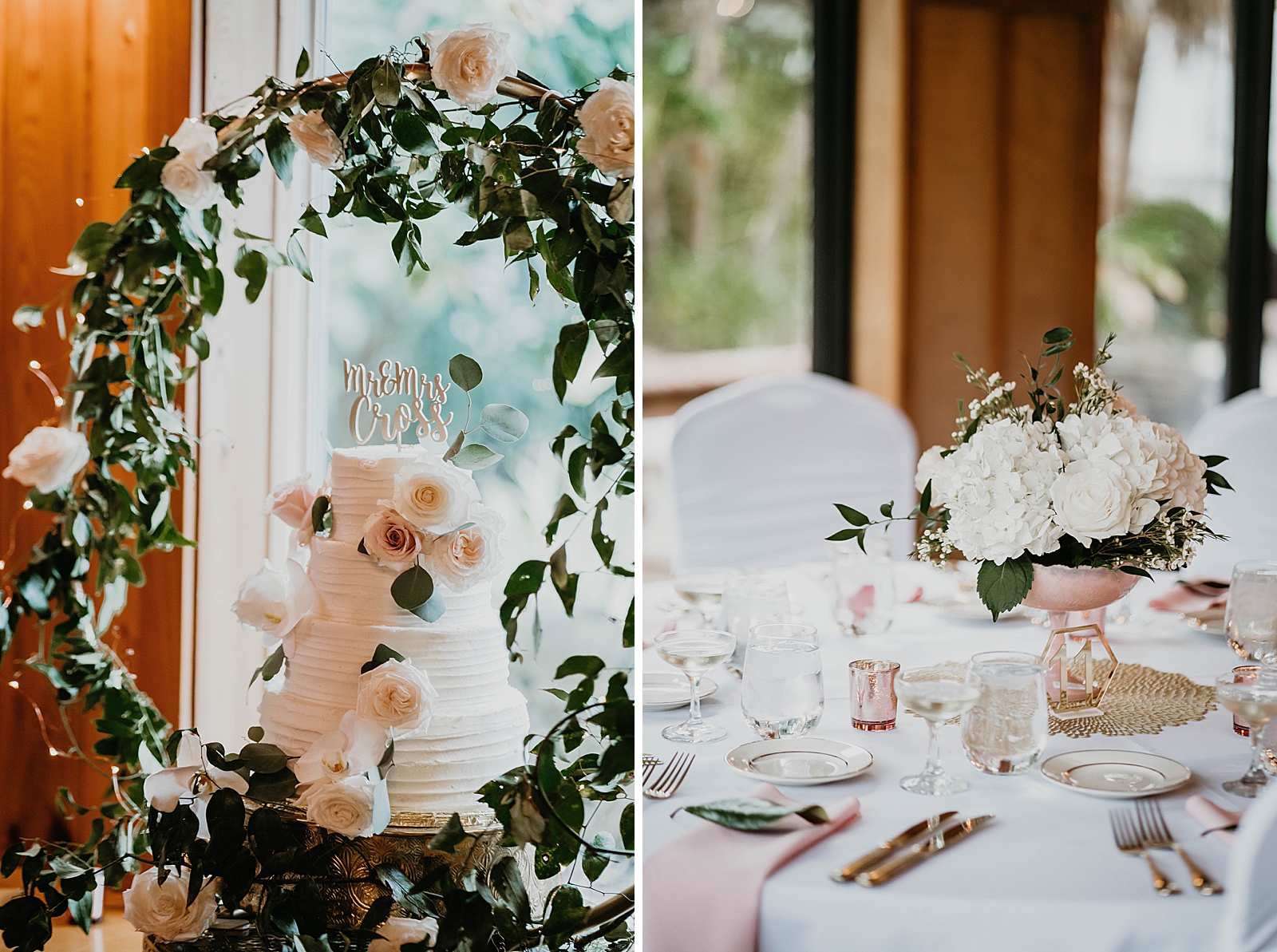 Detail shot of Wedding cake and Reception table with silverware