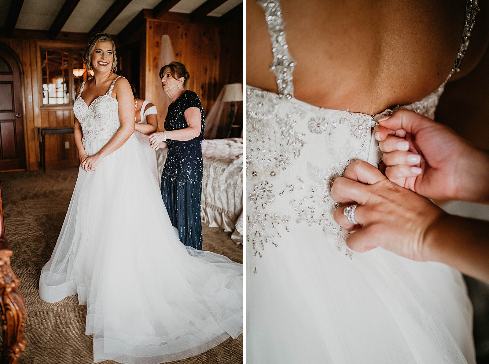 Mother helping Bride zip up the back the wedding dress
