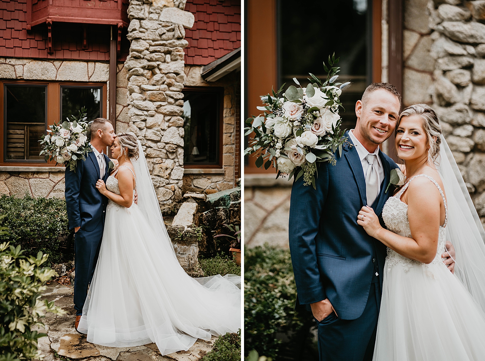 Groom kissing Bride on the forehead with Bride holding white bouquet