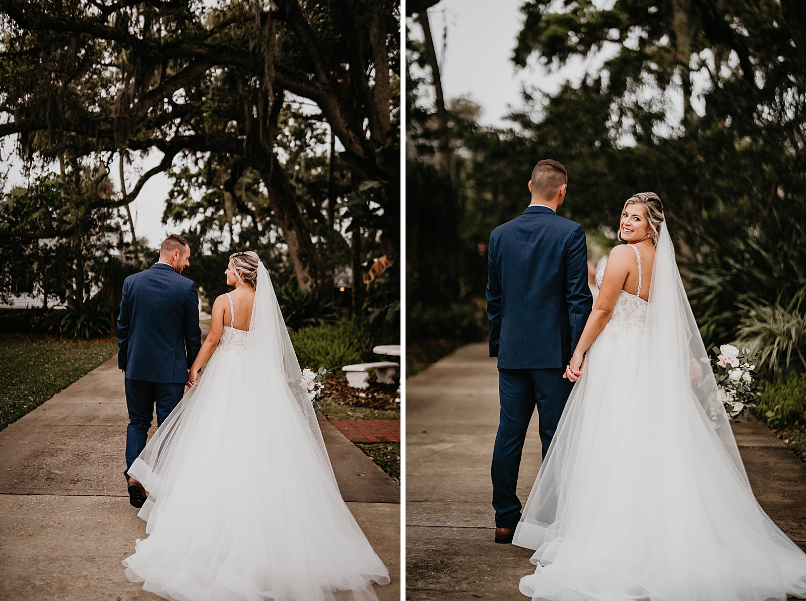 Bride and Groom holding hands and walking on the sidewalk