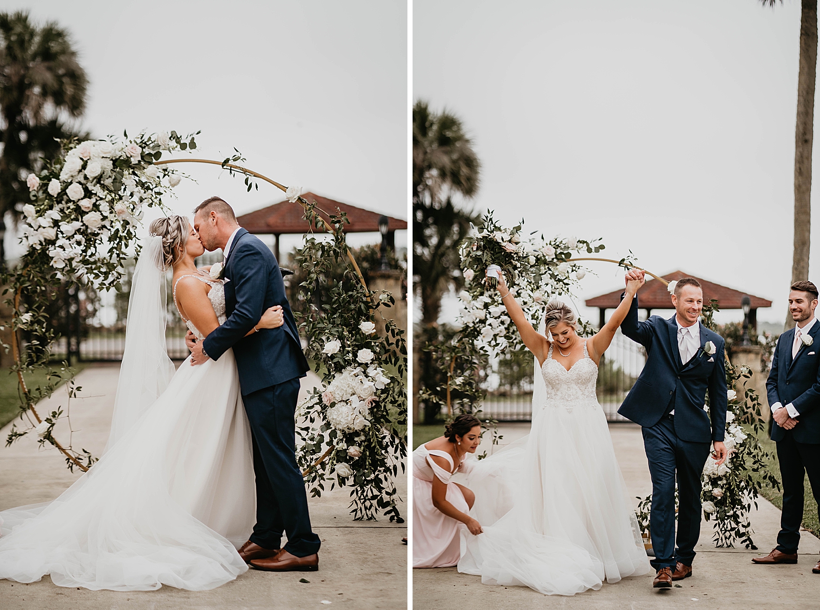 Just married Bride and Groom kissing and celebrating at Ceremony