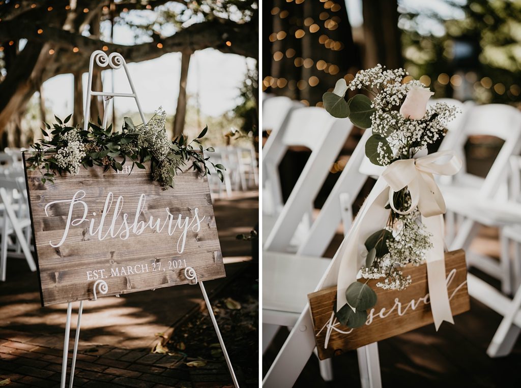 Detail shot of Last Name sign and folding white chairs at Ceremony