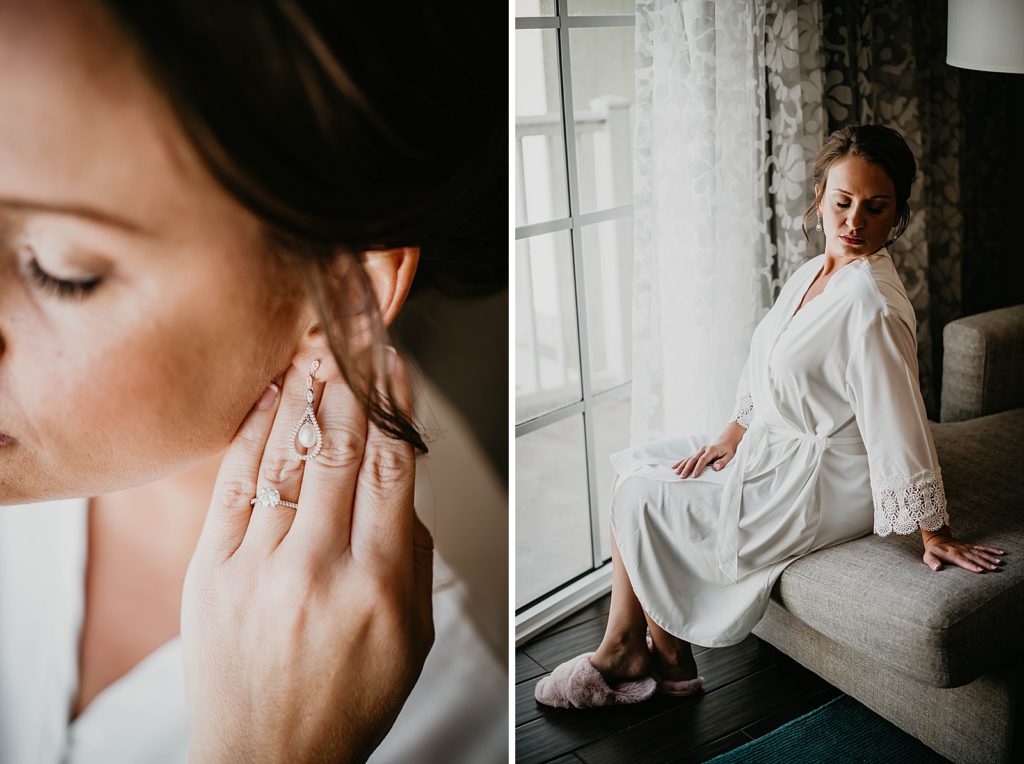 Bride before getting ready and closeup of earrings
