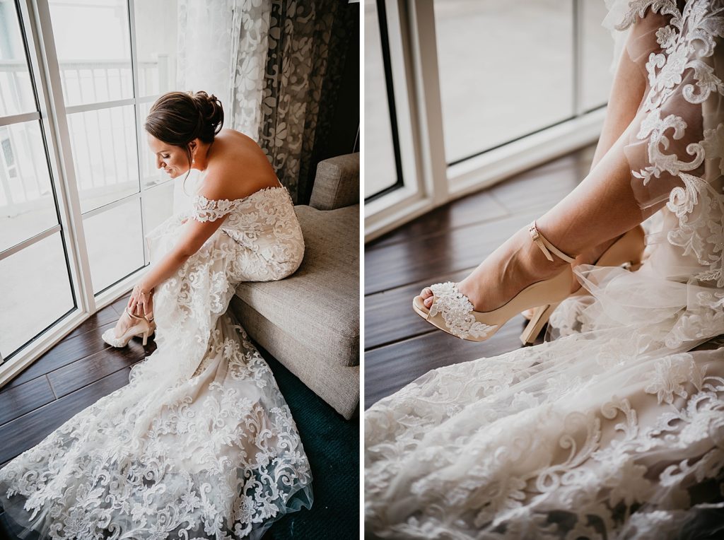 Bride putting on Wedding shoes getting ready