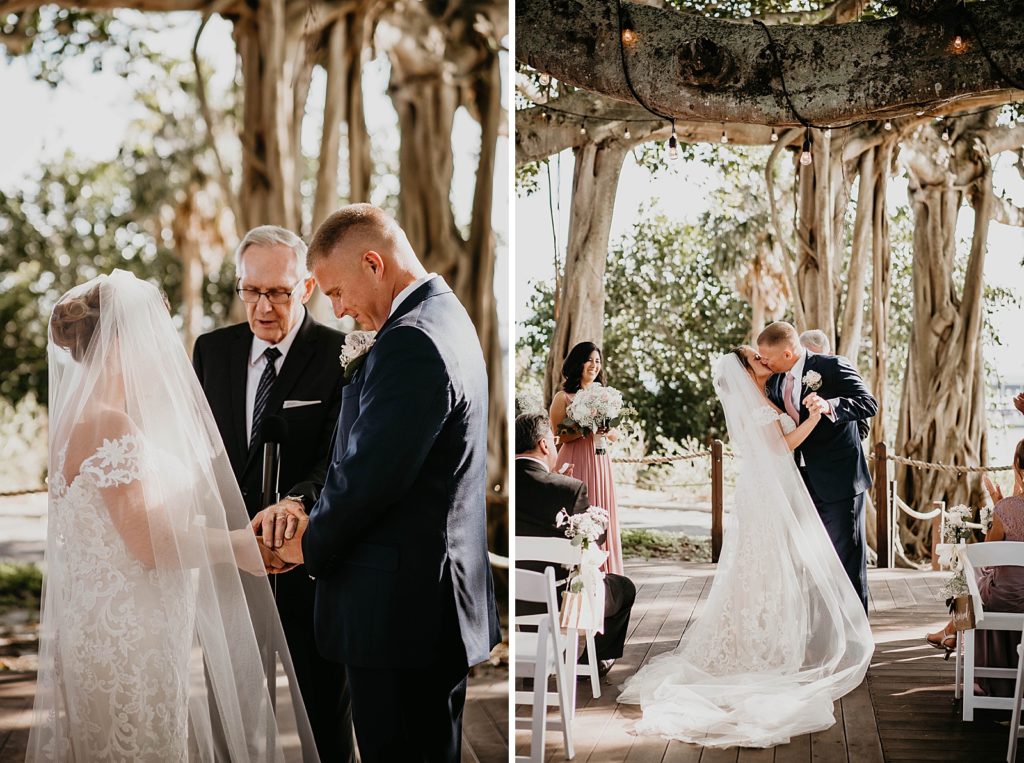 Just married Bride and Groom kissing at Ceremony