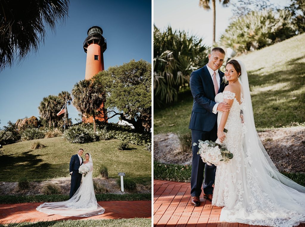 Bride and Groom standing together outside of lighthouse