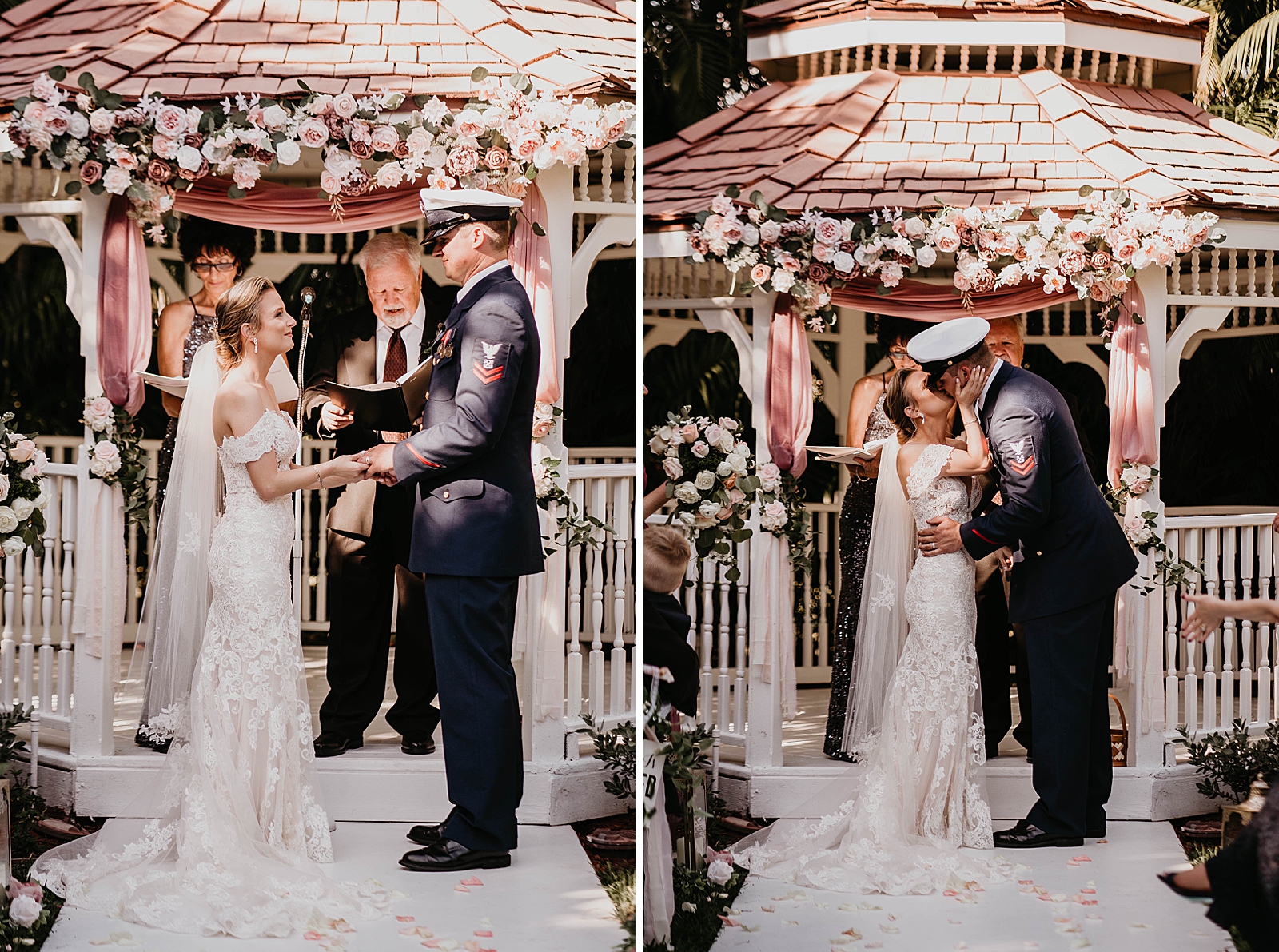 Just married Bride and Groom kissing after Ceremony